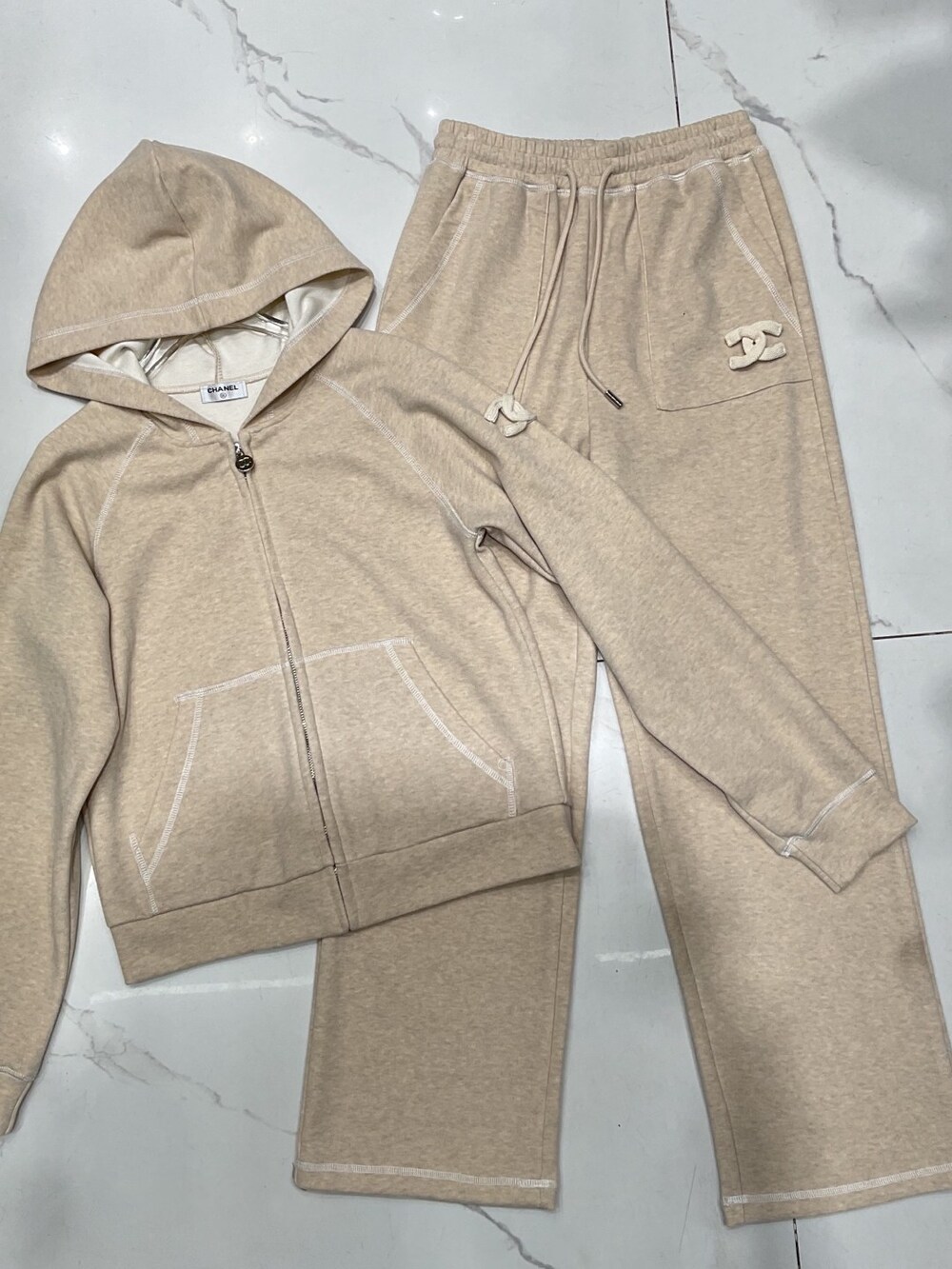 ✨Chanel Oatmeal Zip Hoodie & Sweatpants Two-Piece Tracksuit Set